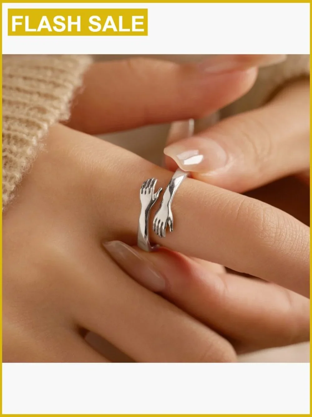 Adjustable Sterling Silver Hug Ring Women Hope Hands Friendship Jewelry Gift